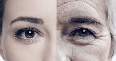 Portrait, half and women faces in studio. Face, eyes and different closeup by women posing with youth, and fine lines. 