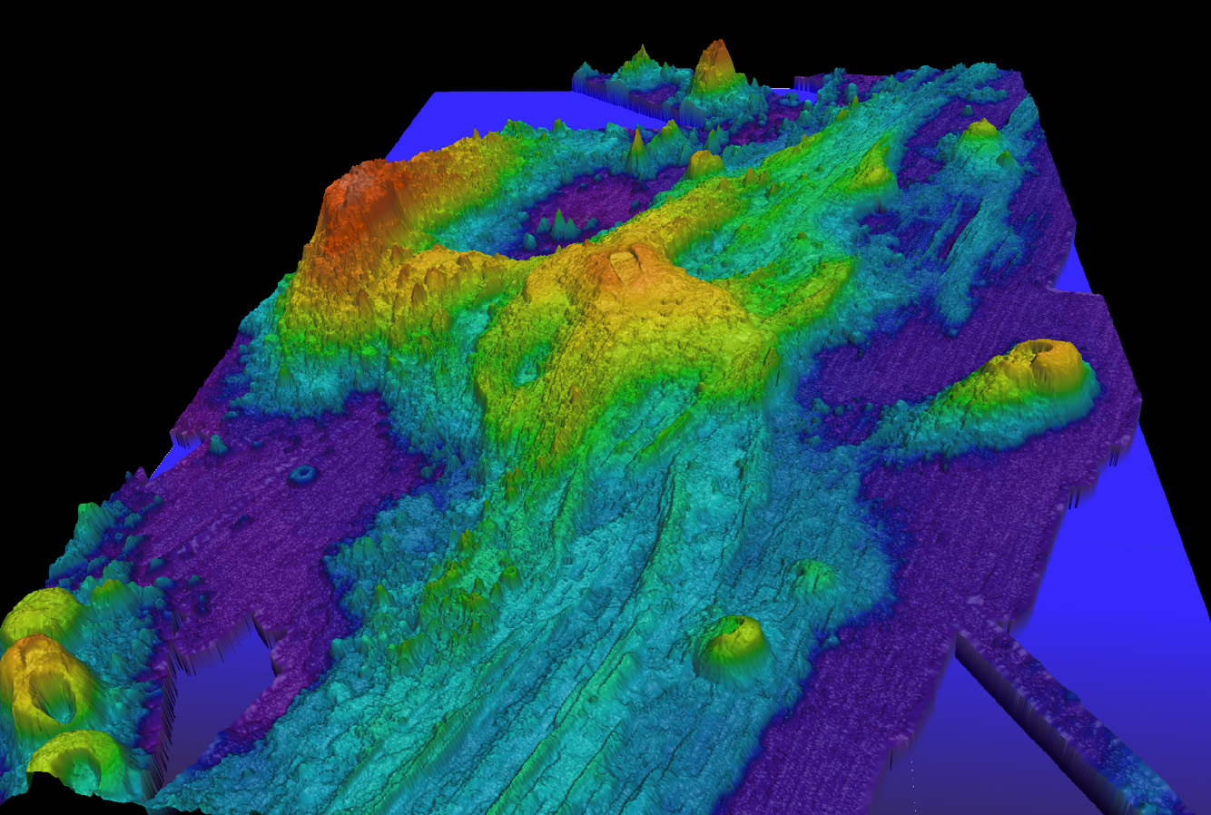 Exaggerated swatch bathymetry of Axial Seamount on the Juan de Fuca Ridge, approximately 480 km (298 mi) west of Cannon Beach, Oregon. 