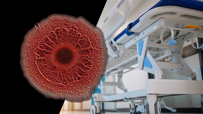 A digital photo showing close up of a culture of Pseudomonas aeruginosa grown on gel, superimposed over a hospital bed being pushed down a corridor. The bacteria has formed a large round red blob on the dish that looks like an eye. 