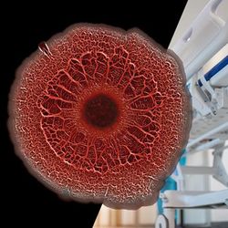 A digital photo showing close up of a culture of Pseudomonas aeruginosa grown on gel, superimposed over a hospital bed being pushed down a corridor. The bacteria has formed a large round red blob on the dish that looks like an eye. 