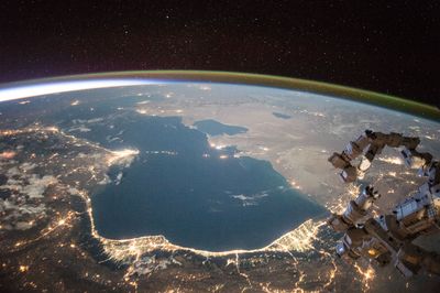 View of the Caspian Sea at night from the International Space Station