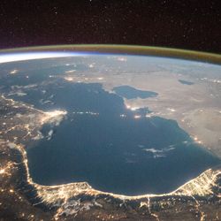 View of the Caspian Sea at night from the International Space Station