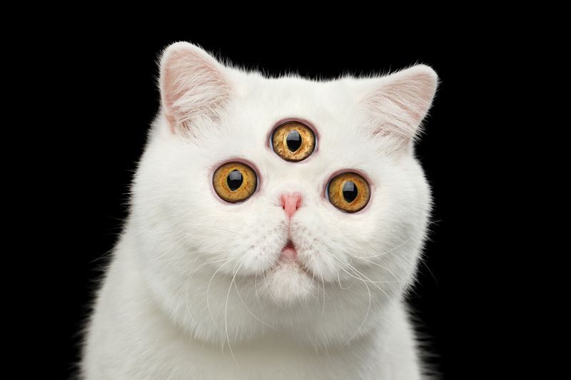 white short-haired brachycephalic cat with an extra eye superimposed between the two normal ones