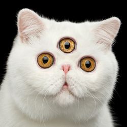 white short-haired brachycephalic cat with an extra eye superimposed between the two normal ones