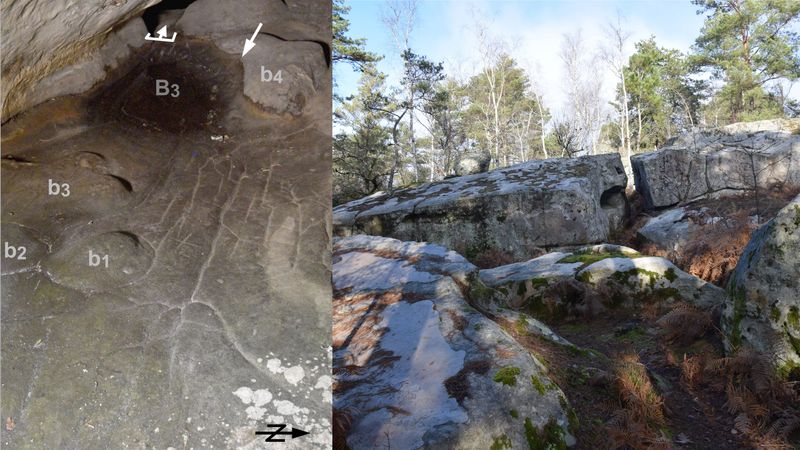 lines etched into a cave floor, believed to represent a map (left); blocks of moss-covered sandstone outside La Ségognole 3 (right)