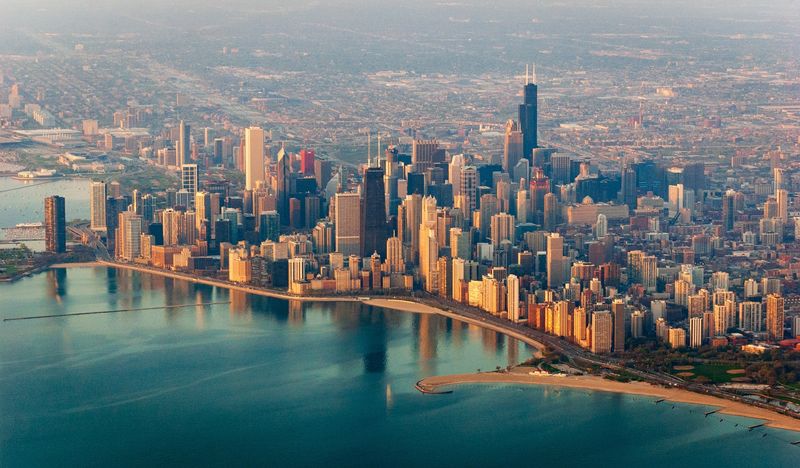 The Chicago city skyline on a Hazy Summer Day on the shore of Lake Michigan.