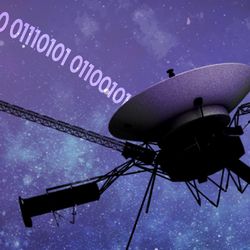 Artist impression of Voyager 1 with a string of binary code coming from it - it spells clue in binary.