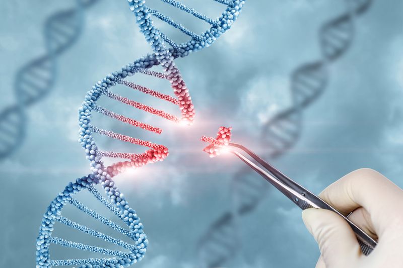 illustration of DNA, and a pair of tweezers removing a small section of it, colored in red