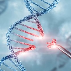illustration of DNA, and a pair of tweezers removing a small section of it, colored in red