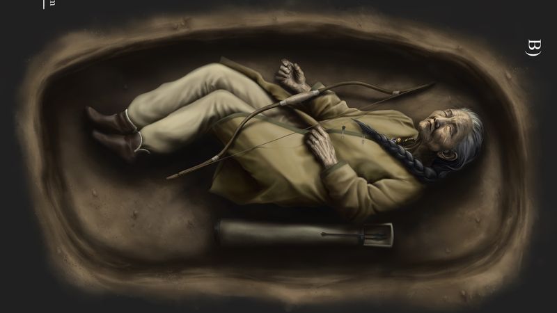 Illustration of the burial of a 1,100-year-old woman based on archaeological, anthropological, and archaeogenetic data, showing her lying in a grave alongside a bow and arrow