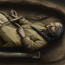Illustration of the burial of a 1,100-year-old woman based on archaeological, anthropological, and archaeogenetic data, showing her lying in a grave alongside a bow and arrow