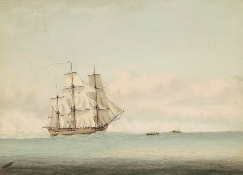 Painting by Samuel Atkins (1787-1808) of Endeavour off the coast of New Holland during Cook's voyage of discovery 1768-1771. Ins