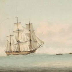Painting by Samuel Atkins (1787-1808) of Endeavour off the coast of New Holland during Cook's voyage of discovery 1768-1771. Ins