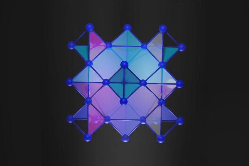 A 2d projection of the 3D crystal used in this study. teh atoms are blue balls linked to one another with blue sticks.