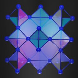 A 2d projection of the 3D crystal used in this study. teh atoms are blue balls linked to one another with blue sticks.