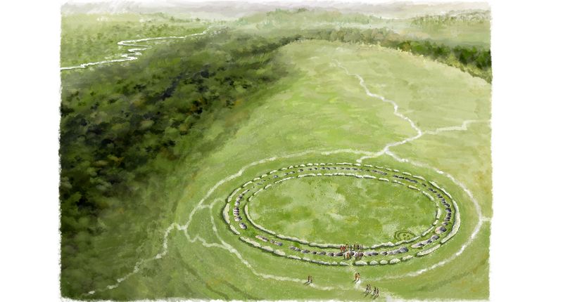Artist's impression of the Flagstones enclosure shortly after construction in the middle Neolithic period. It is a series of concentric stone circles in a field of grass.