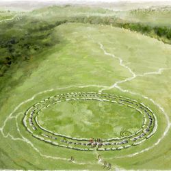 Artist's impression of the Flagstones enclosure shortly after construction in the middle Neolithic period. It is a series of concentric stone circles in a field of grass.