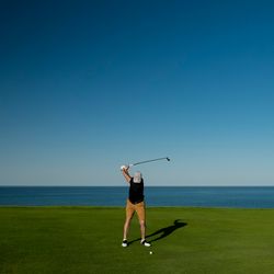 Many swinging a golf club on a green, blue sky behind