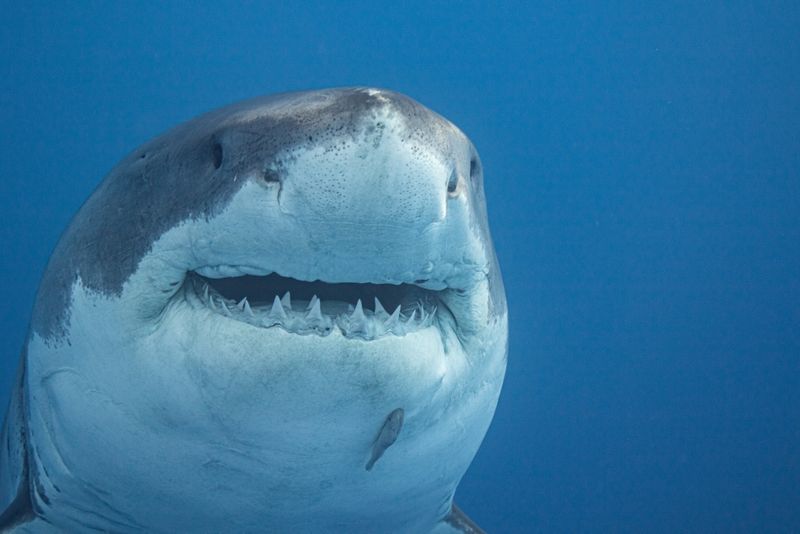 A great white shark swimming in the ocean minding its own business. 
