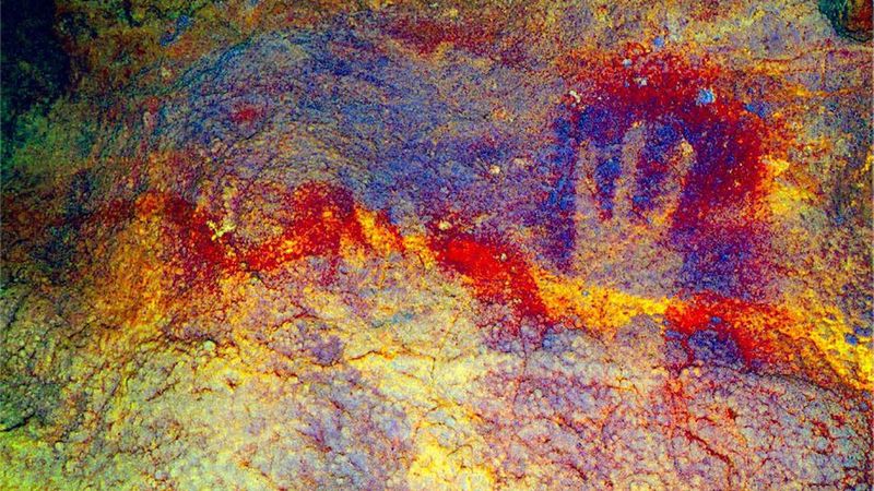 modified photograph of handprints made by neanderthals in Maltravieso cave