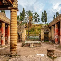 A photo taken within the square of a rich house building in Herculaneum. The square has pillars and overhanging roofs either side. Most of the pillars and the walls behind them have rich red paint while the others appear to be sandstone. Trees and a raised grassy bank are visible in the background.  