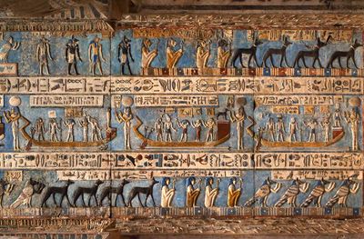 Hieroglyphic carvings and paintings on the interior walls of an ancient egyptian temple in Dendera