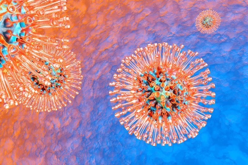 3D colorful illustration of herpes simplex virus particles