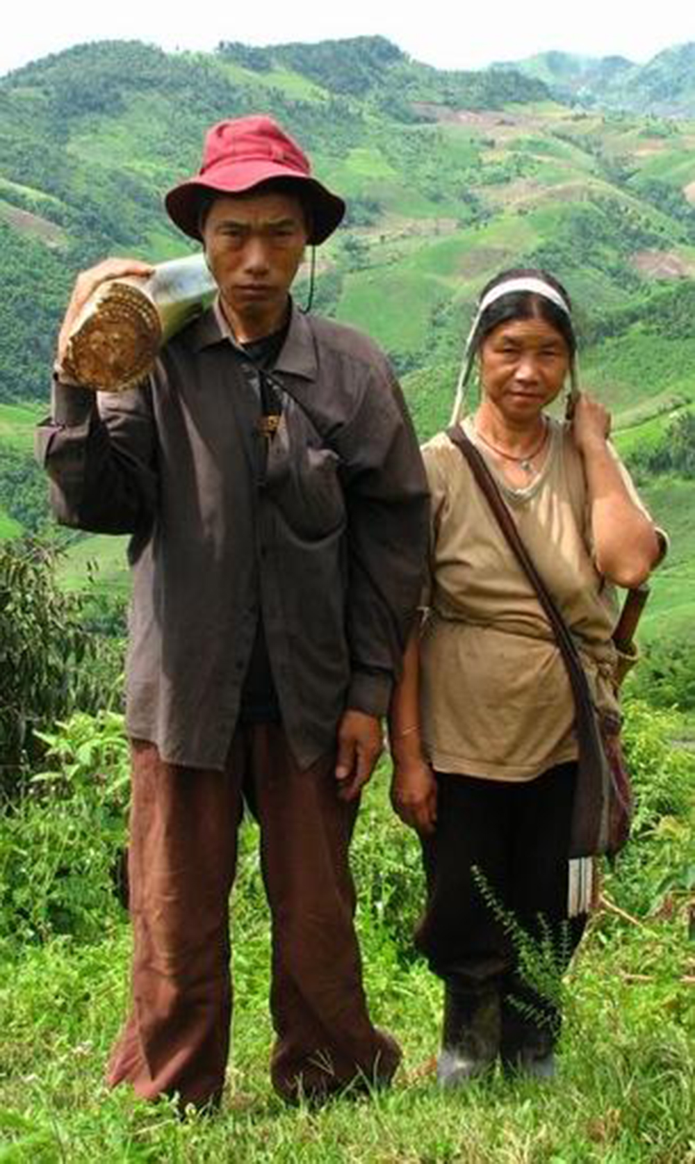 Two humans against a landscape, holding tools.