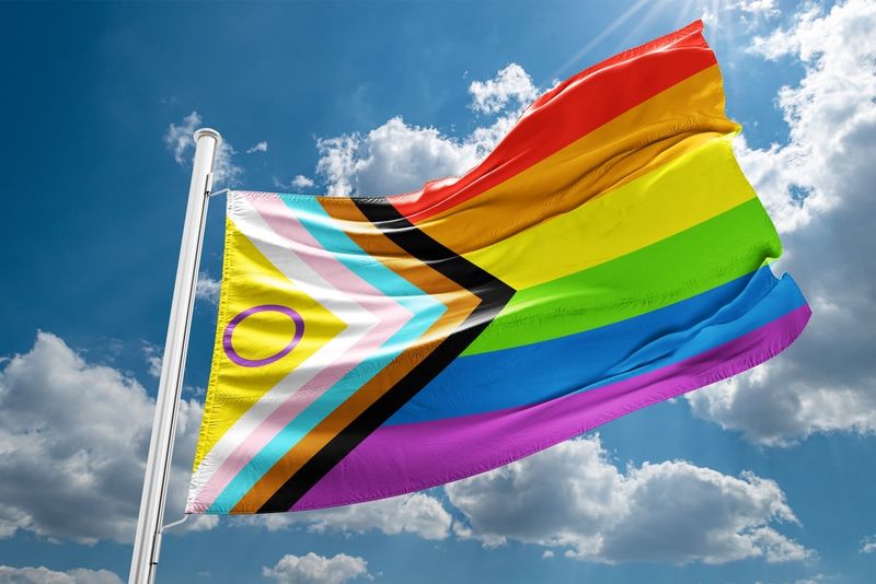The intersex-inclusive (yellow with purple circle) Progress Pride flag. 