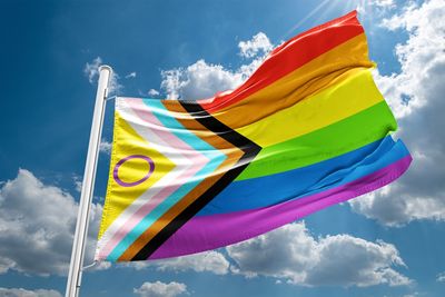 The intersex-inclusive (yellow with purple circle) Progress Pride flag. 