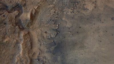 The image show a delta-like structure at the center of the image. On its left, a river-like canyn and on its right it opens to the wide flat plain of Jezero crater. 