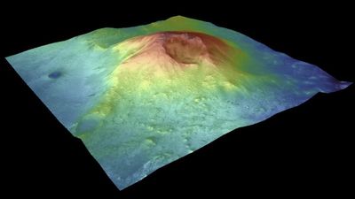 the mountain is quite bulky a bit like a mesa but has a crater on one side.