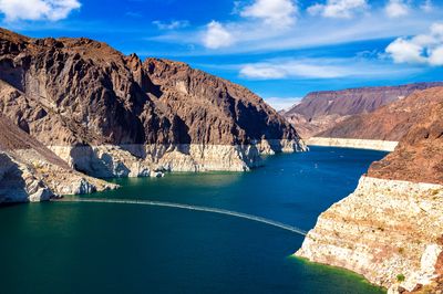 Colorado River, with the view of the low water level strip on cliff at lake Mead.