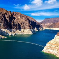 Colorado River, with the view of the low water level strip on cliff at lake Mead.