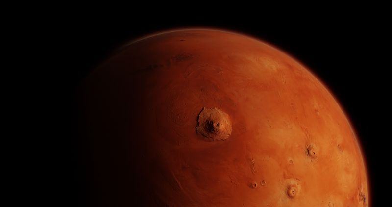 A cinematic quality rendered image showing Mars with clearly identifiable landmarks like valles marineris and tharsis rise. Mars contrasts with the black, starless background.