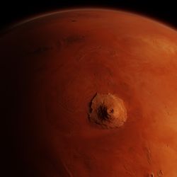 A cinematic quality rendered image showing Mars with clearly identifiable landmarks like valles marineris and tharsis rise. Mars contrasts with the black, starless background.
