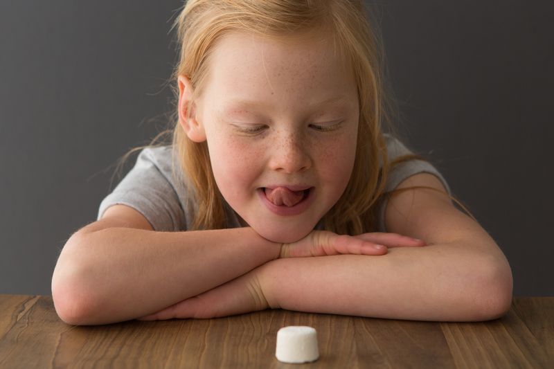 A young girl sits at a table across from a single marshmallow, attempting the marshmallow test