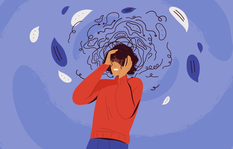 A man holds his head in his hands, surrounded by a swirling cloud of lines, conveying a sense of distress or confusion.
