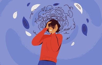 A man holds his head in his hands, surrounded by a swirling cloud of lines, conveying a sense of distress or confusion.