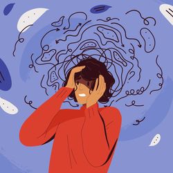 A man holds his head in his hands, surrounded by a swirling cloud of lines, conveying a sense of distress or confusion.