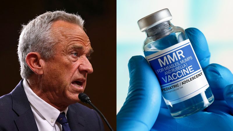 Robert F Kennedy Jr speaking into a microphone (left); close-up of a gloved hand holding a vial of the measles, mumps, and rubella (MMR) vaccine (right)