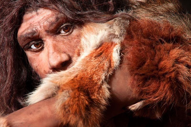 A model of a Neanderthal with brown eyes and hair