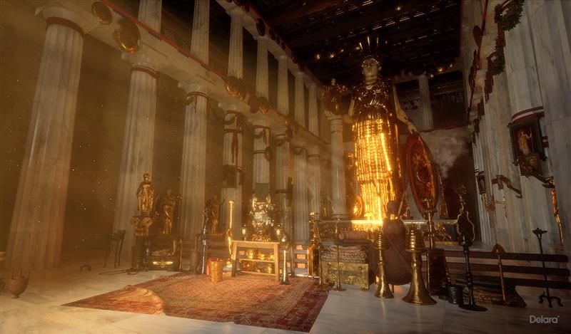 A digital reconstruction of the Parthenon's dark interior with the gold and ivory statue of Athena at the centre. The image has the soft morning sunlight spilling into the entrance, just about illuminating the pillars surround the space as well as a red coloured rug and devotional objects and incense burners in the foreground. The golden dress of the statue is shining as the light touches it.