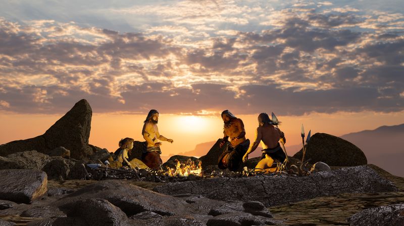 3d render illustration of Prehistoric cavemen by the campfire 