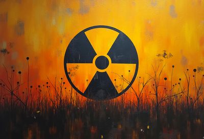 A digital image showing the radiation hazard symbol over the silhouette of some grass and plants. The symbol is imposed against the an orange and yellow background that looks like fire. 