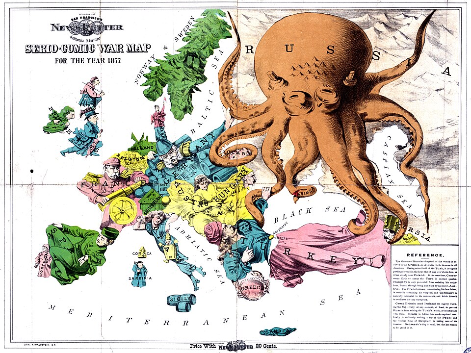 Serio-comic war map for the year 1877, with countries depicted as comical, colorful characters and Russia depicted as a large orange octopus Serio-comic war map for the year 1877, with countries depicted as comical, colorful characters and Russia depicted as a large orange octopus