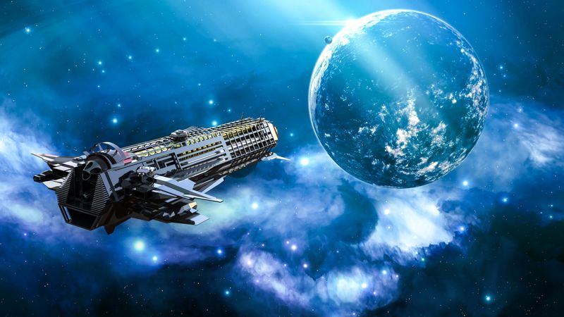 3D rendered image of spaceship travelling towards a planet with a nebula in the background