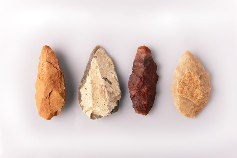 four prehistoric stone spearheads laid out on a white surface