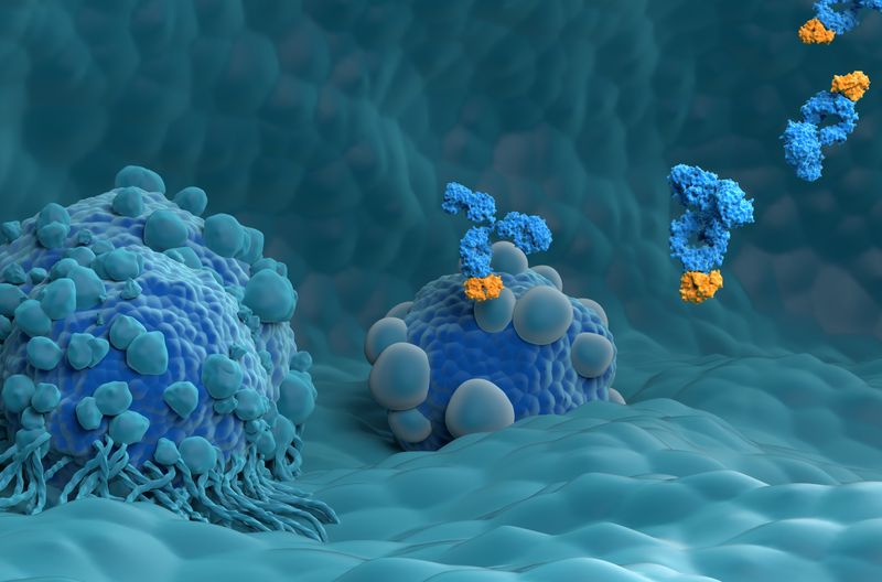 3D illustration of pancreatic cancer tumors in shades of blue being attacked by blue and yellow antibodies