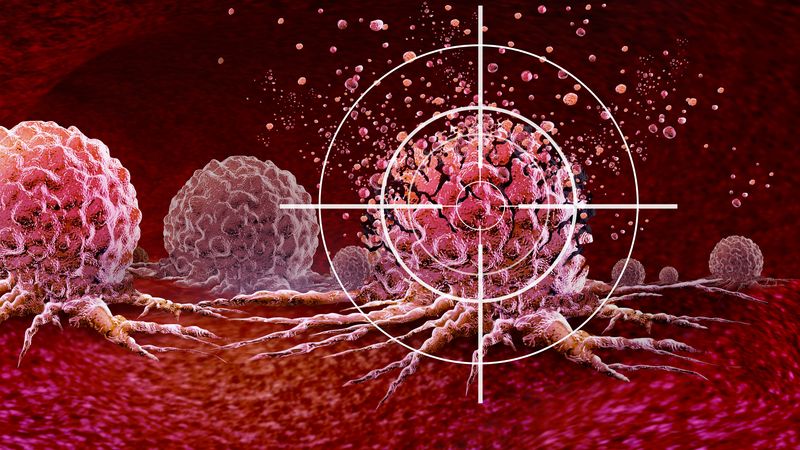 Illustration of a tumor being broken apart, with a target over it.